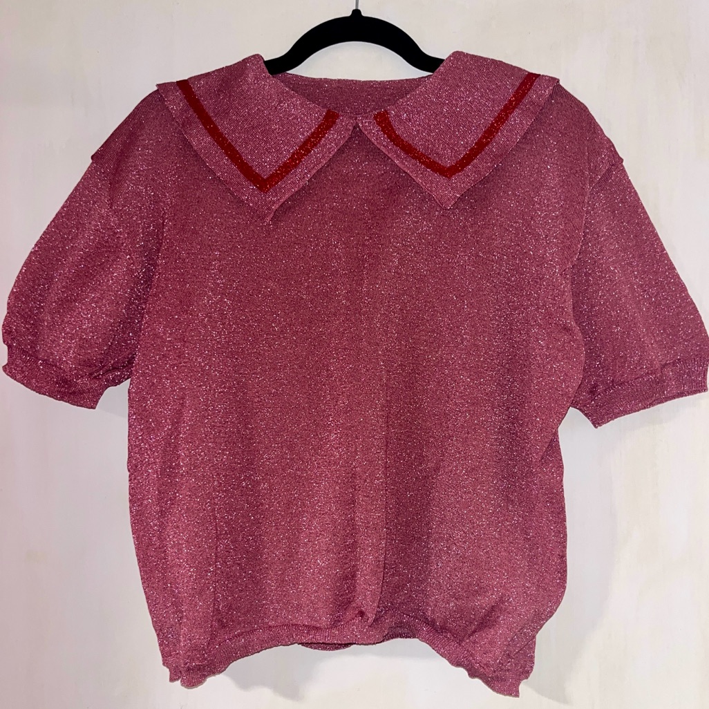 Candy Dusty Pink Glitter Collared Short Sleeve Top